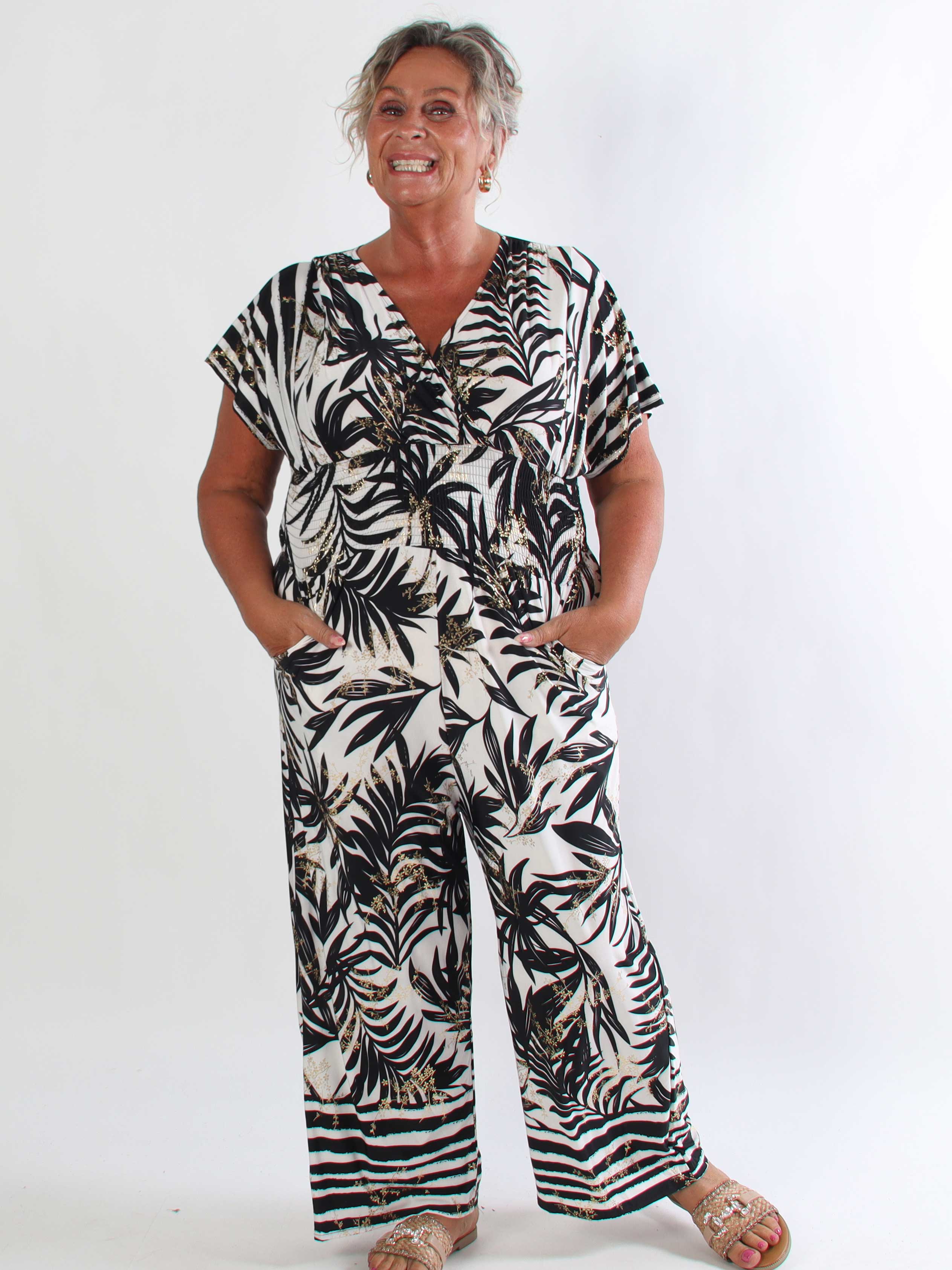 Pams Palm Jumpsuit - Elastisk plus size buksedragt med palmeprint